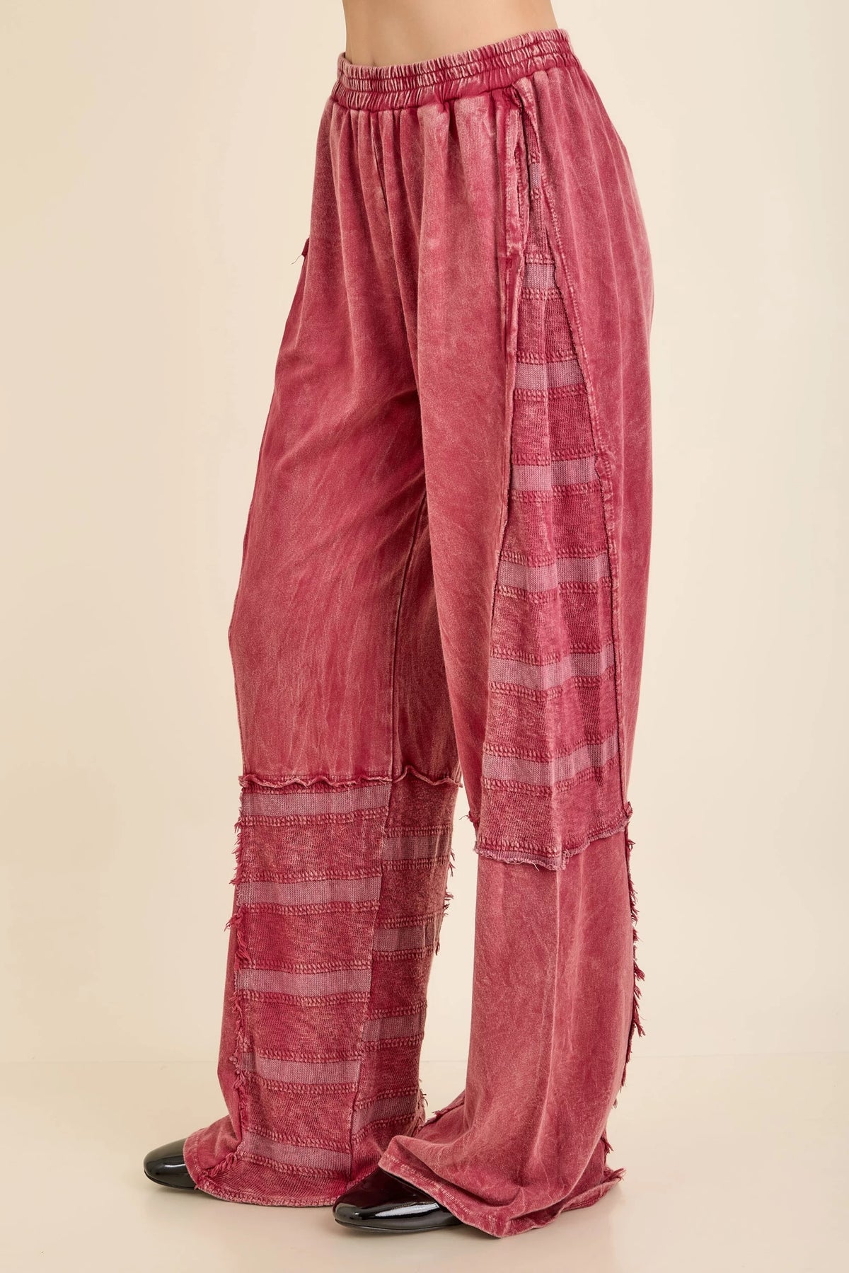 Jher  Mineral Washed Textured Knitted Checkerboard pants Burgundy