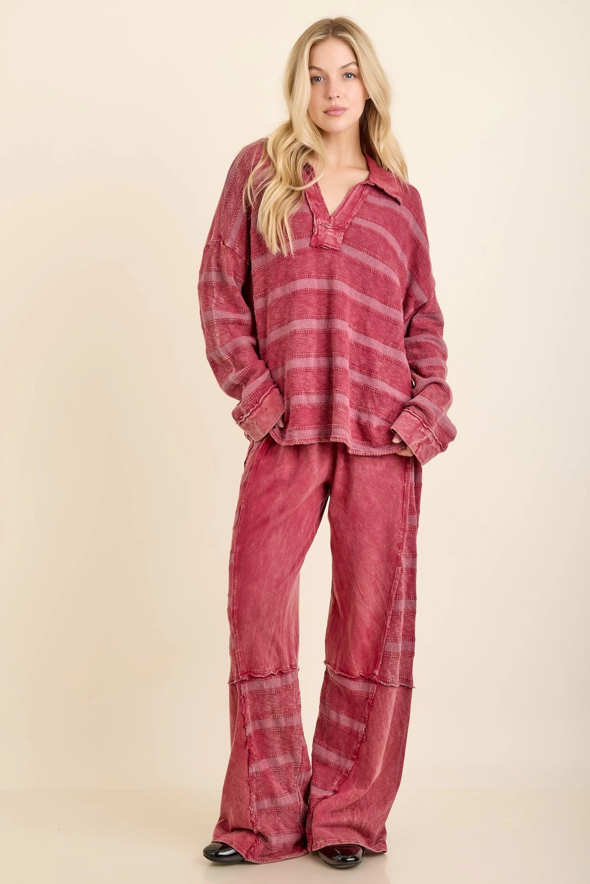 Jher  Mineral Washed Textured Knitted Checkerboard pants Burgundy