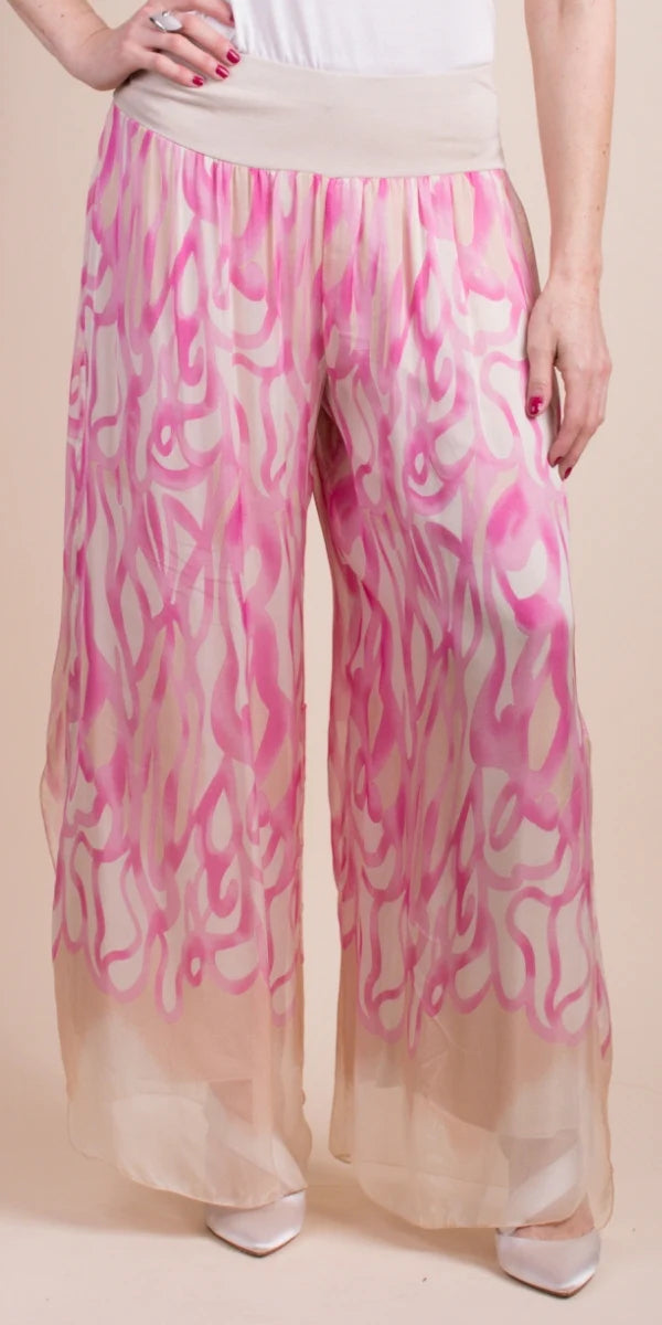 Abstract Print Silk Slit Pants