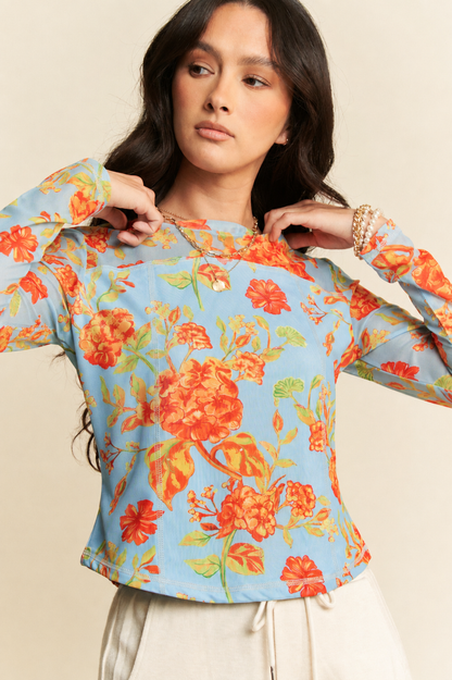 Davi & Dani Floral Print Mesh Long Sleeve Top - back view