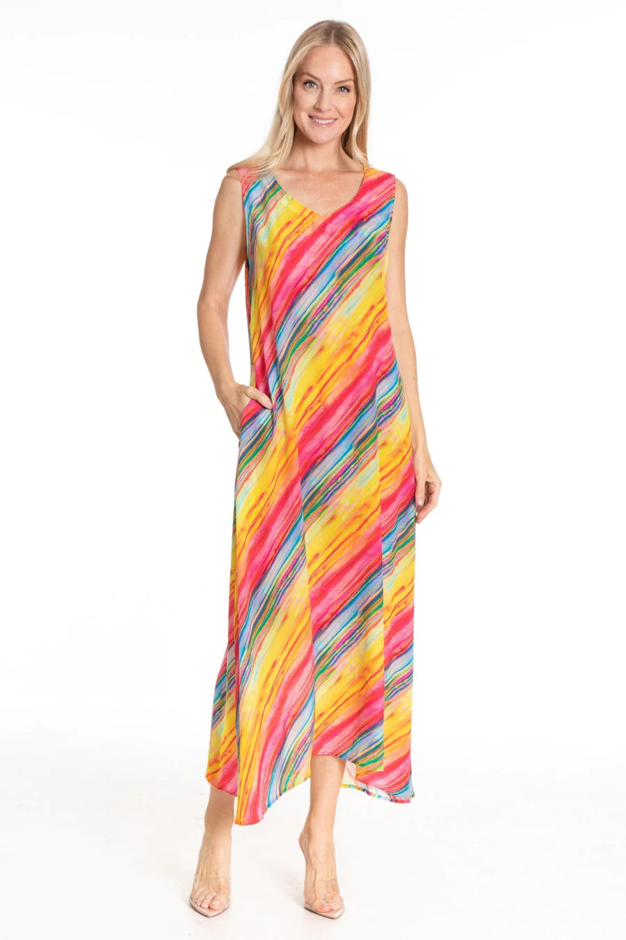 Bright Watercolor - Long V-Neck Tank Dress