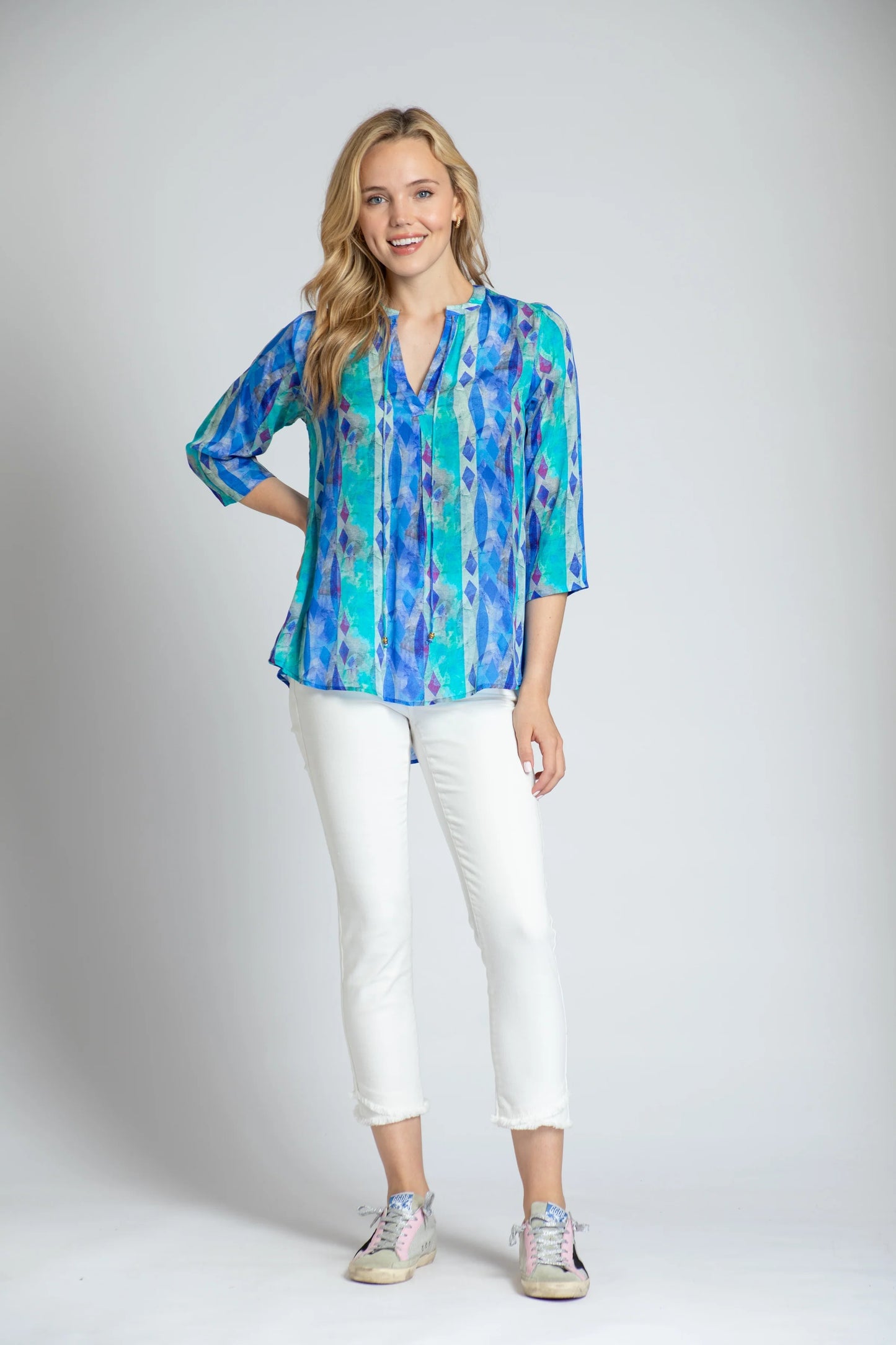 Layered Rhombus Stripe - V-neck With Tassel