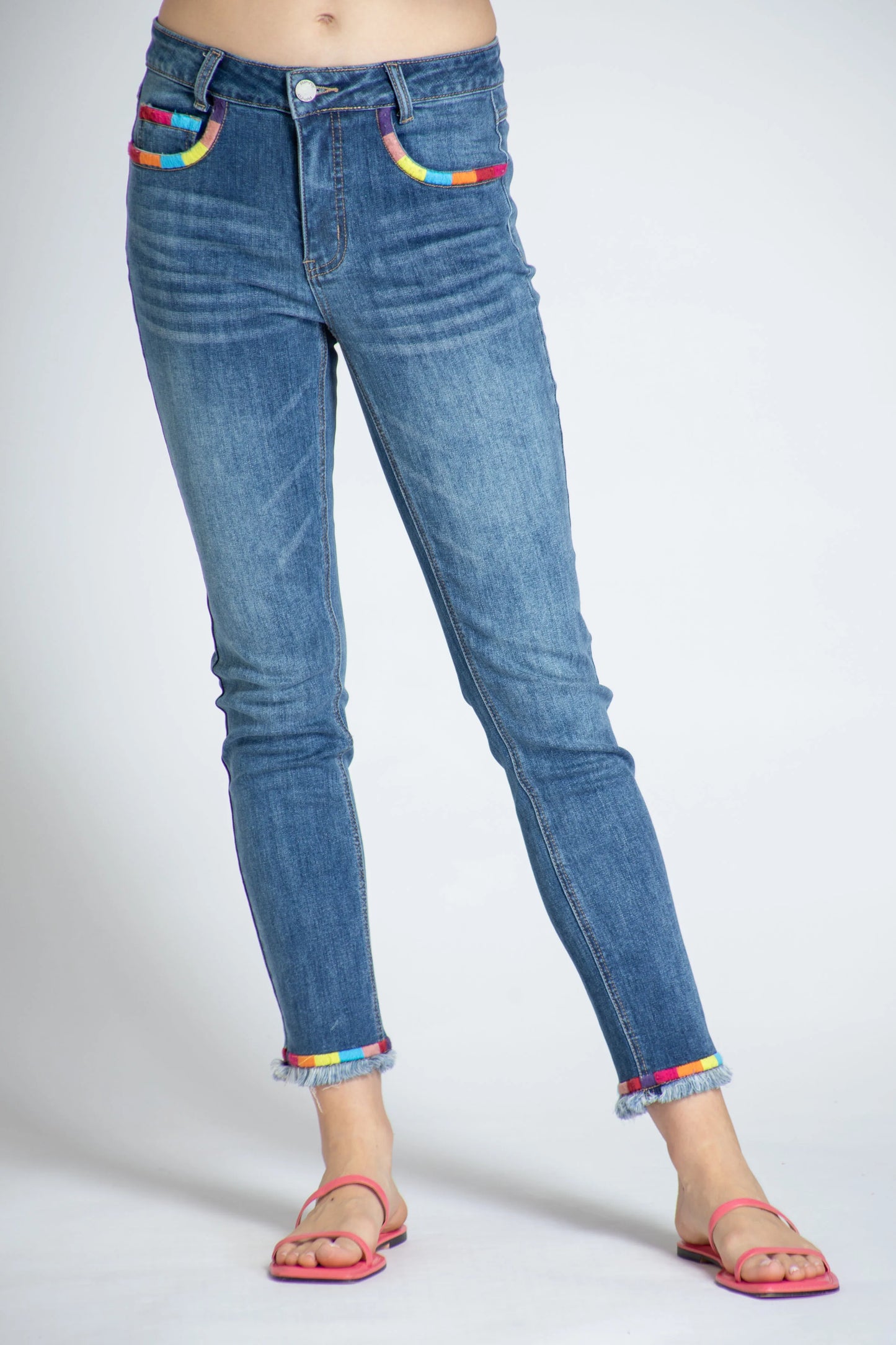 Rainbow Embroidered Straight Leg Jean - Medium Indigo