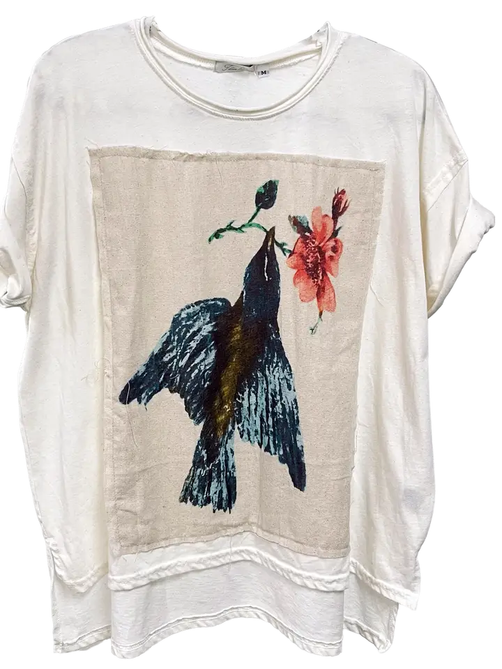 I Love linen Ivory Blue Bird & Blossom top
