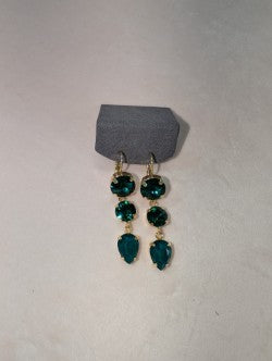 WaFa Emerald Cascade Drop Earrings — three graduating emerald green crystals in gold-tone settings
