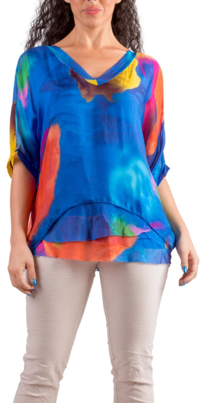 Silk Brushstroke Print Kaftan Blouse