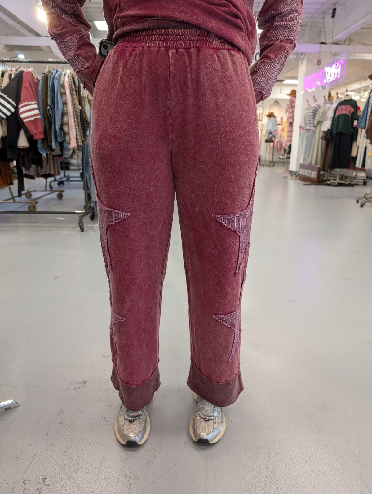 Jher HP7679 Burgundy Mineral-Washed Wide-Leg Pant with Star Patch Detail