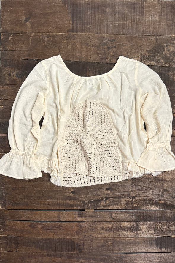 Jaded Gypsy Celestial Drift Top Parchment - cream gauze blouse with crochet panel and ruffle cuffs flat lay