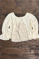 Jaded Gypsy Celestial Drift Top Parchment - cream gauze blouse with crochet panel and ruffle cuffs flat lay