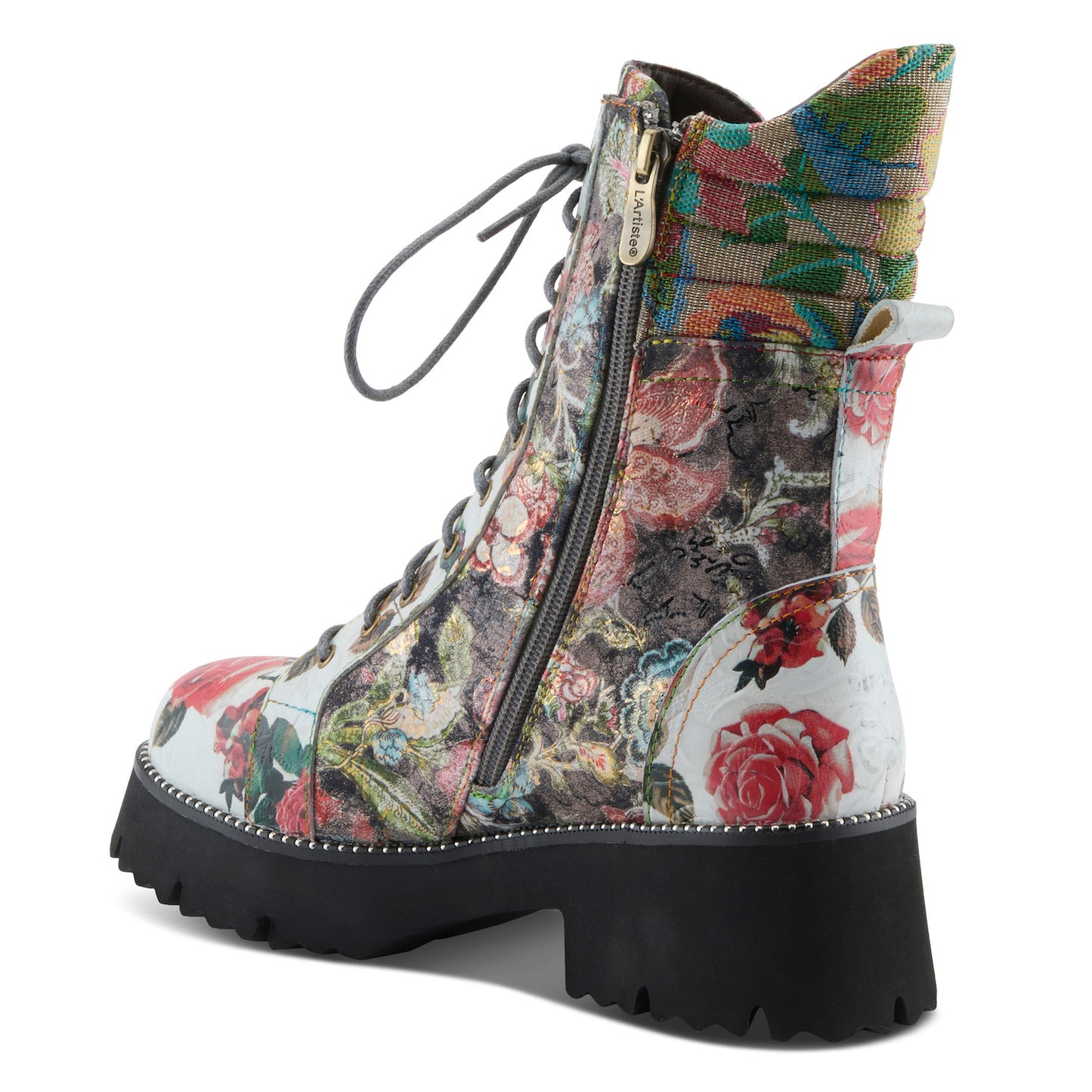L'Artiste Ferociti floral lace-up combat boot back zipper view