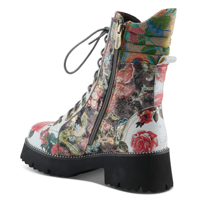 L'Artiste Ferociti floral lace-up combat boot back zipper view