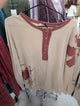 Jher HT6589 Natural Patchwork Henley Top with Dusty Rose Trim