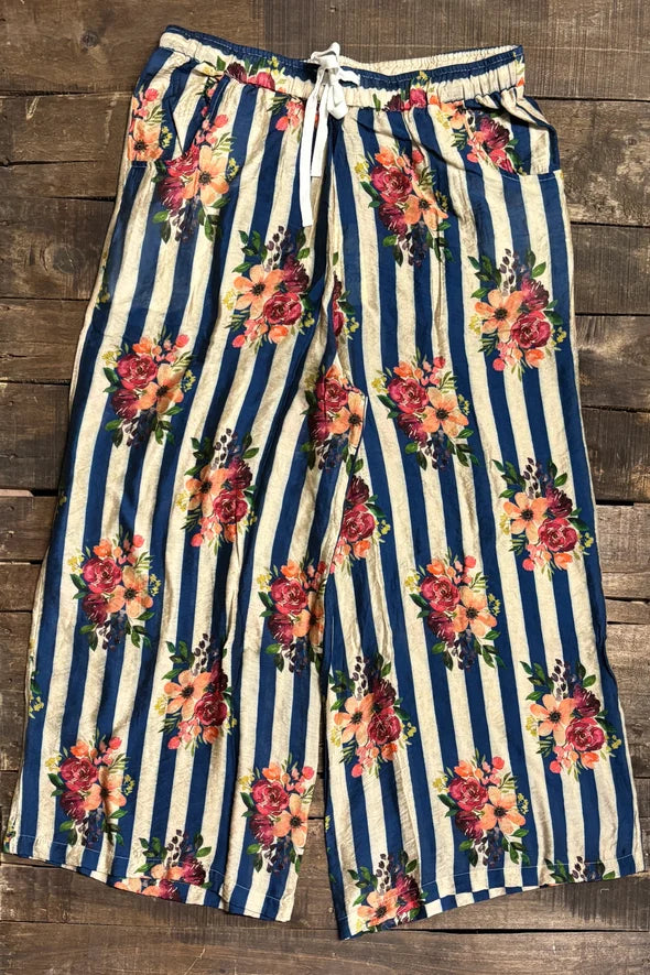 Jaded Gypsy Starlight Drift Pants in Royal Stripe - navy stripe floral wide-leg pants