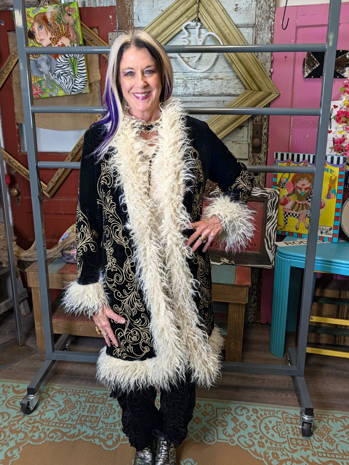 Paparazzi Black Embroidered Coat with Cream Trim
