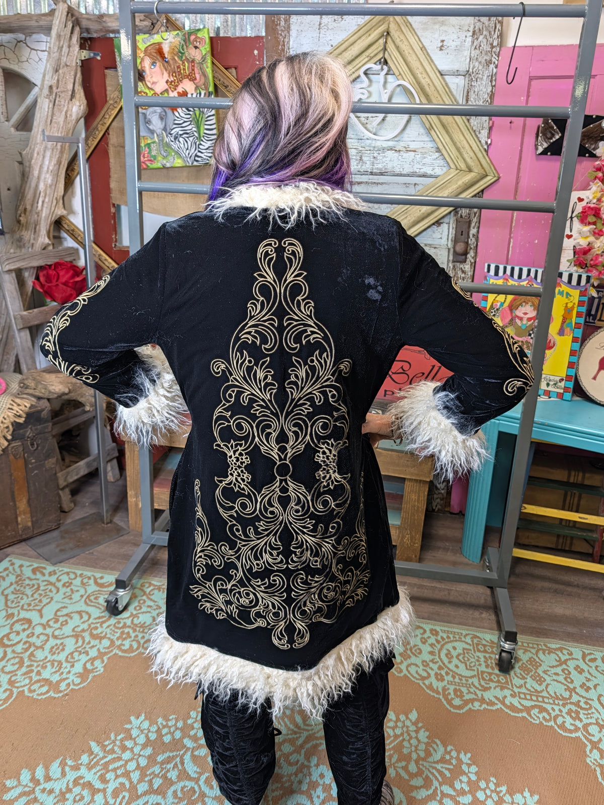 Paparazzi Black Embroidered Coat with Cream Trim