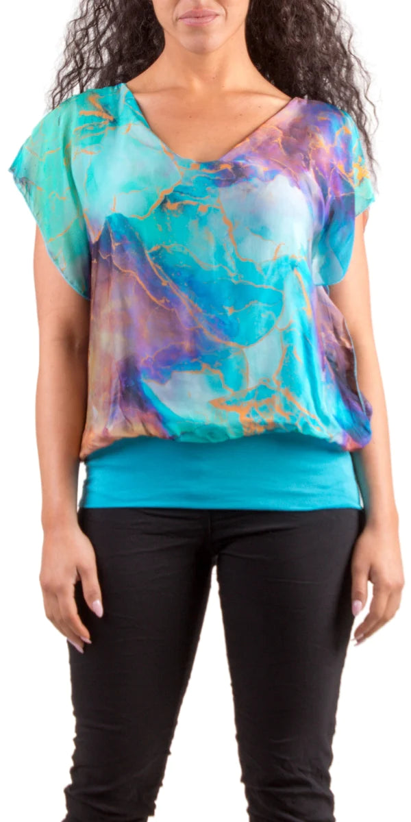 Storm Print Flutter Sleeve Silk Top