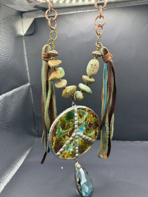 Pre-order Gypsy Sputh Green Turq Peace Fringe Necklace