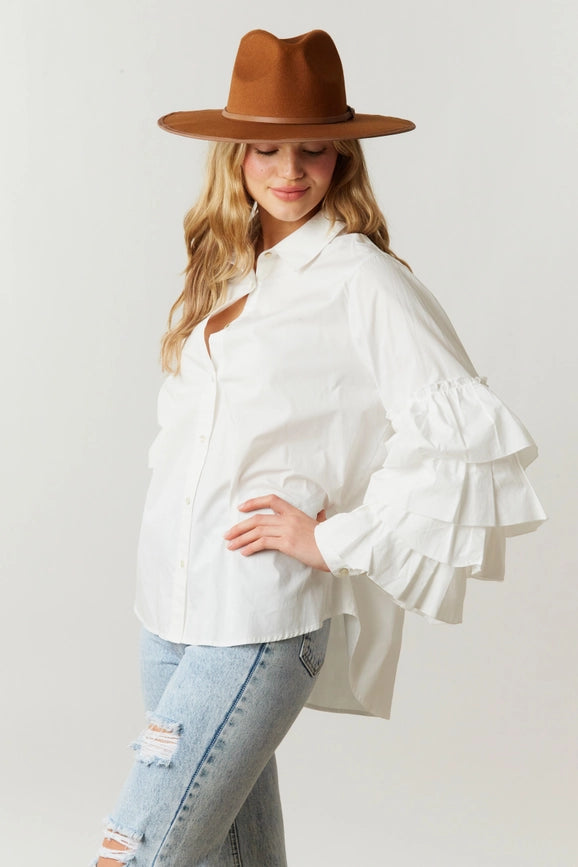 Poplin Shirt with Sleeve Ruffle