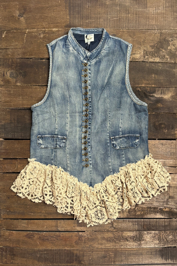 Jaded Gypsy Enchanted Vest Chambray - acid wash denim vest with crochet lace hem flat lay