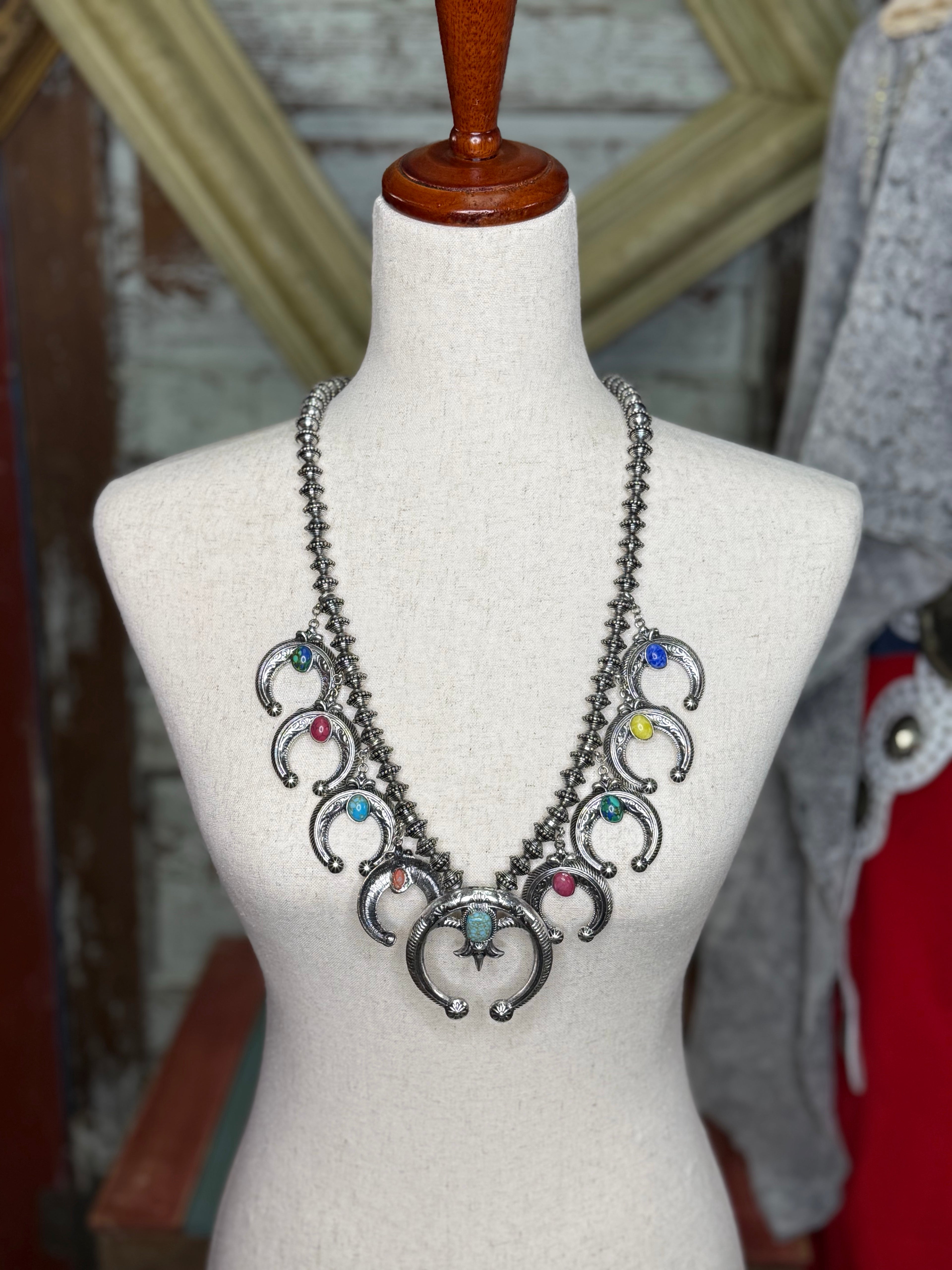 Multi stone silver squash blossom necklace