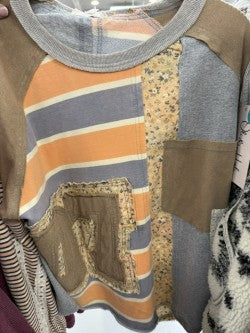 Oli and Hali JT0168VV Grey Combo patchwork mixed fabric top