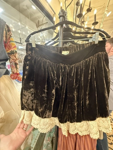 Jaded Gypsy Vintage Romance Shorts Chocolate - crushed velvet with cream lace trim