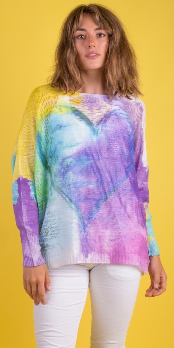 Batwing Mesh Sweater with Watercolor Heart Design
