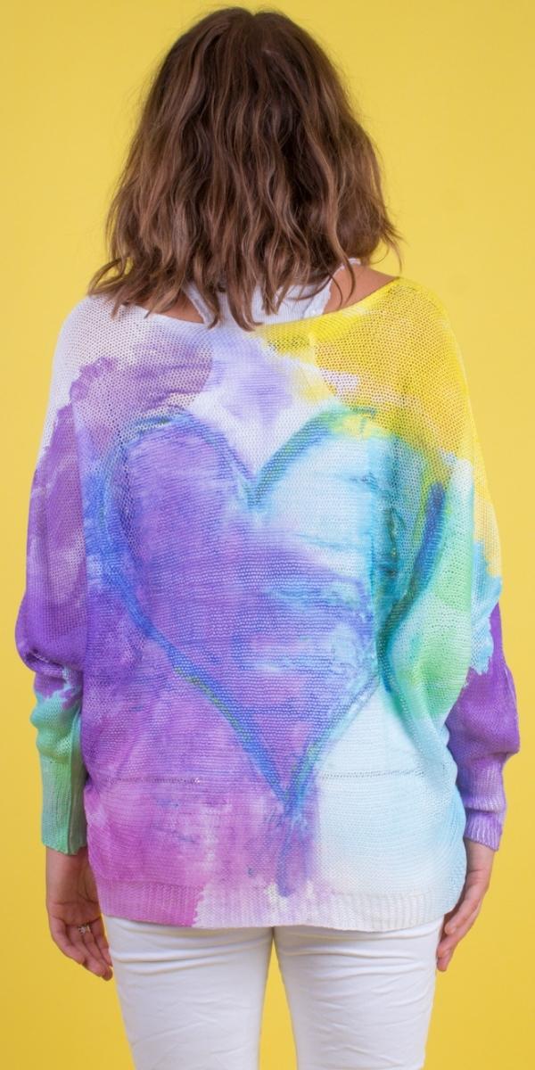 Batwing Mesh Sweater with Watercolor Heart Design