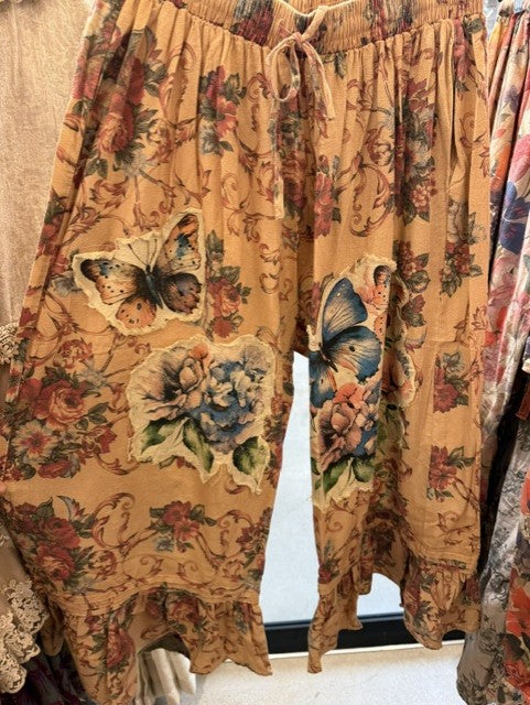 Victorian Dream Butterfly Pants in golden tapestry print with butterfly and floral motifs