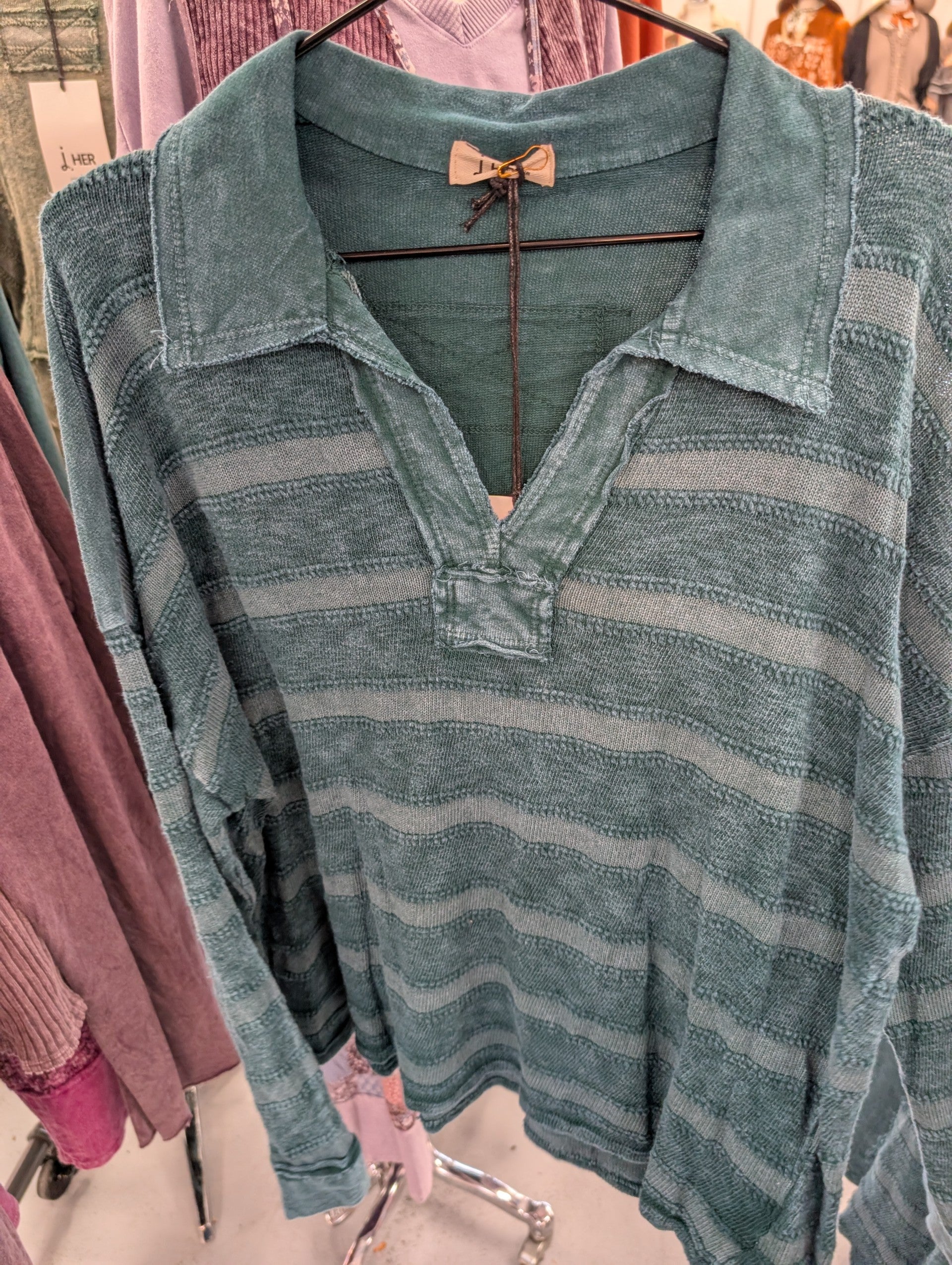 Jher HT7630 Midnight Green Tonal Stripe Collared Knit Top