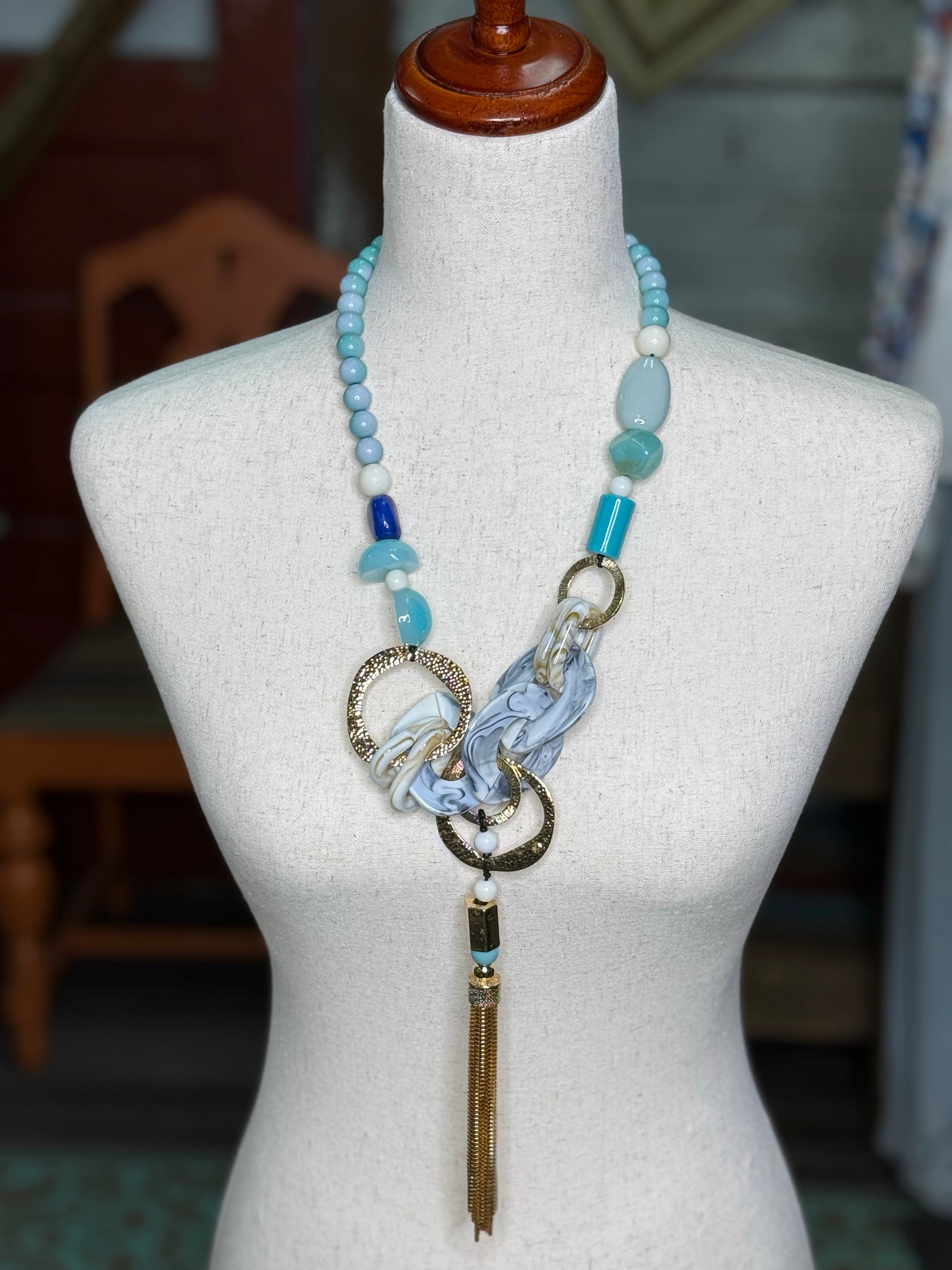 Blue and gold fringe necklace