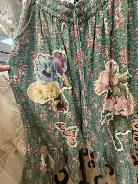 Jaded Gypsy Victorian Dream Bloomers Rose Garden - teal floral with pansy and butterfly appliqué