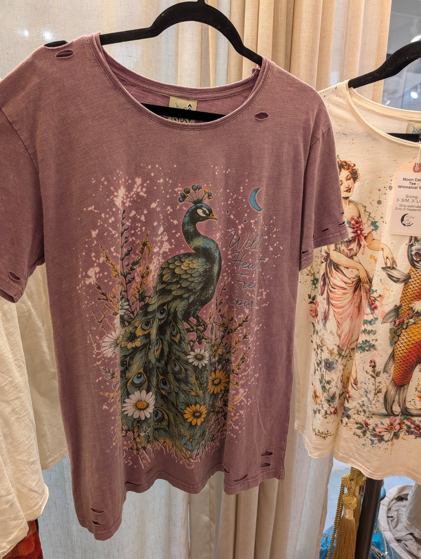 Jaded Gypsy Soft Journey Tee - Royal Feather, distressed mauve tee with peacock and wildflower print