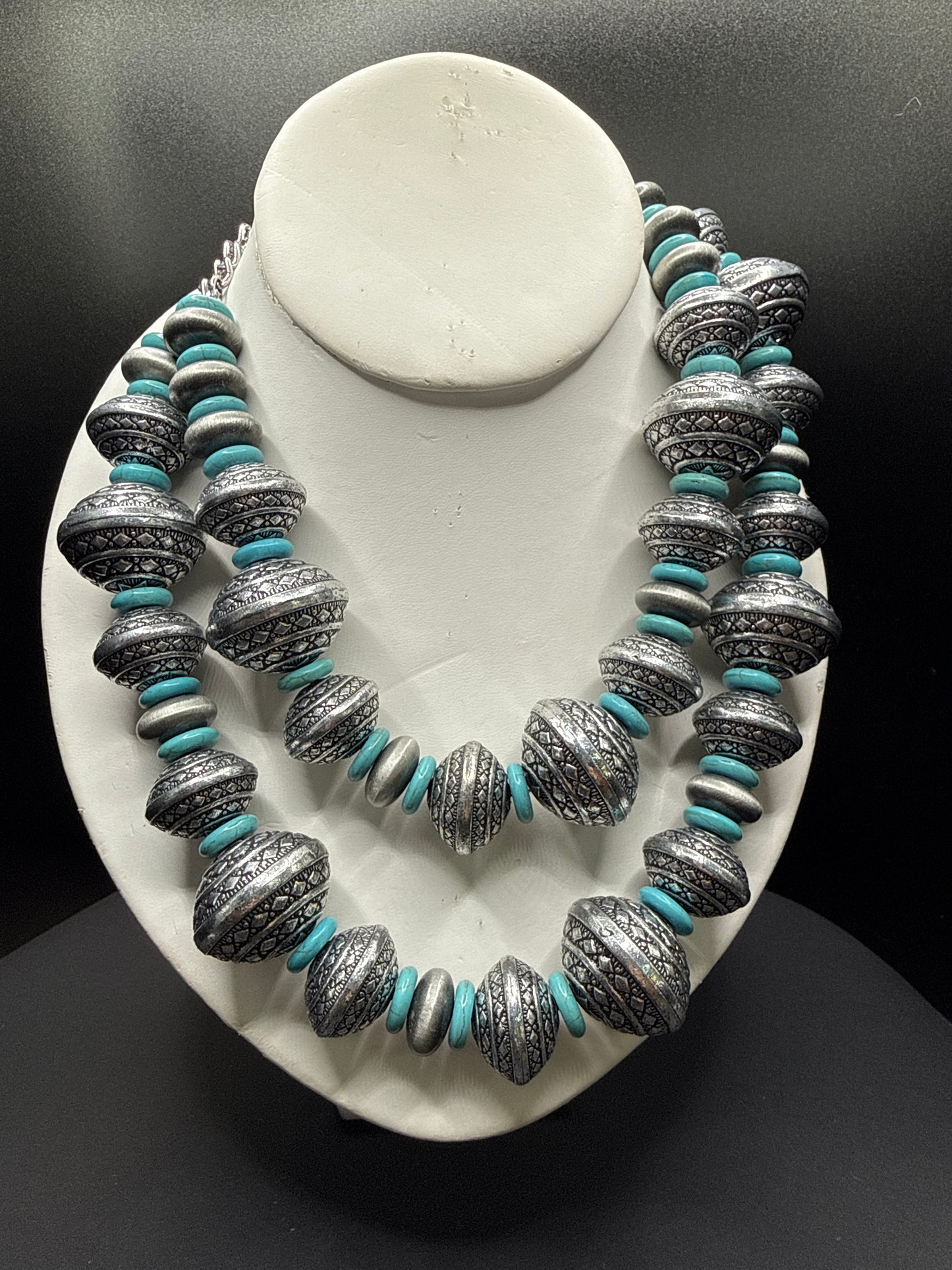 Silver and turq large bead double necklace