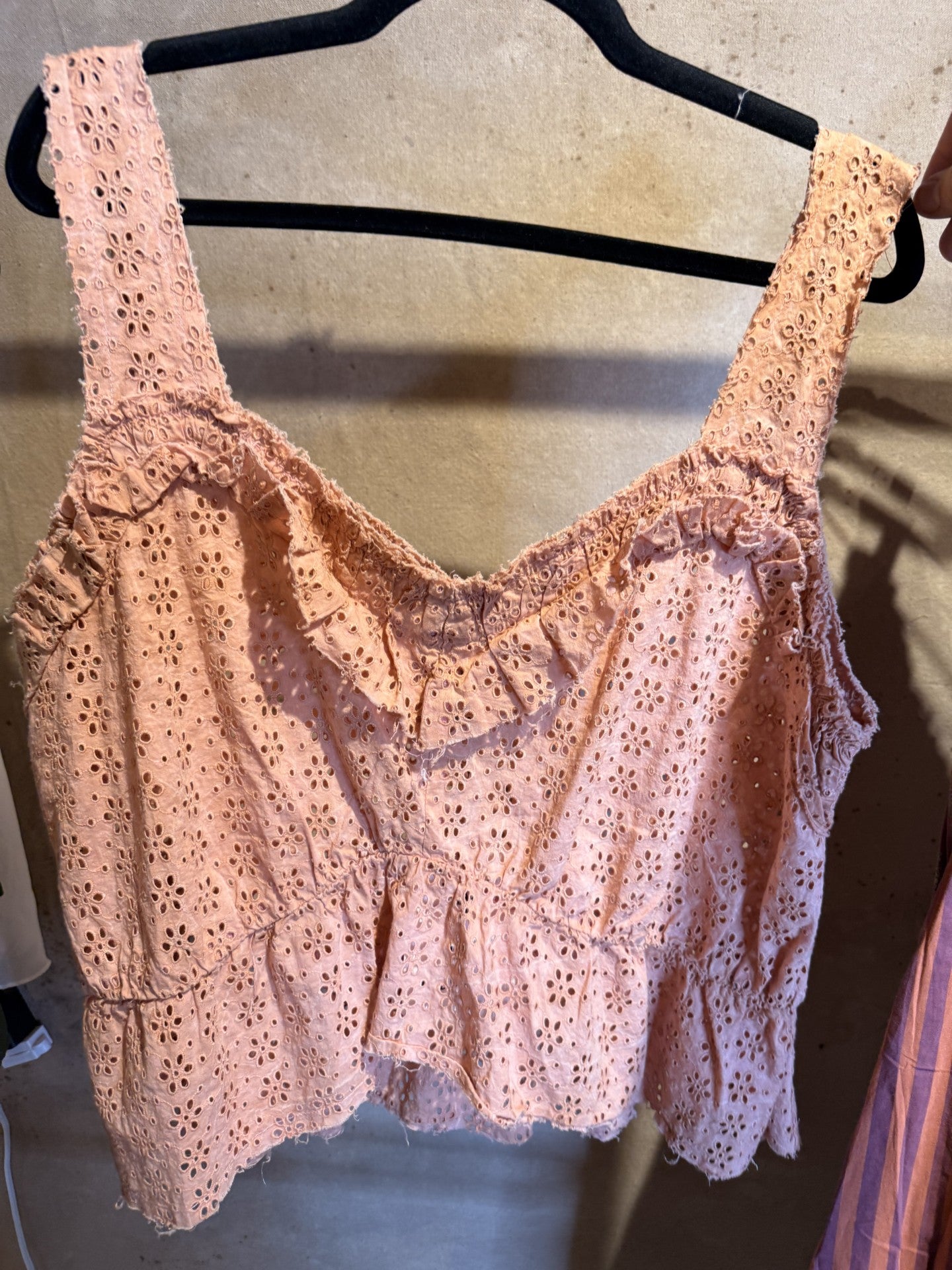 Jaded Gypsy Luminous Tank in Rose - blush pink eyelet crop top with ruffle V-neckline and wide straps