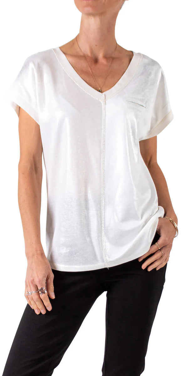 Two Tone V-Neck Shirt with Faux Pocket