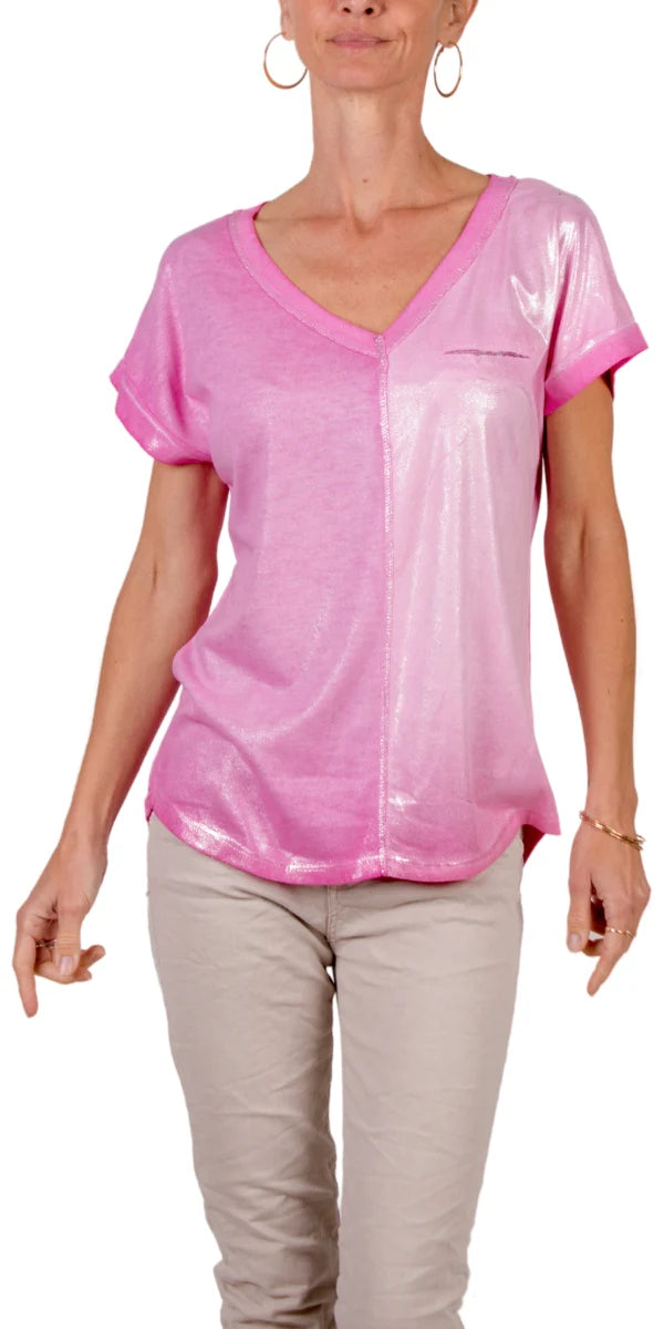 Two Tone V-Neck Shirt with Faux Pocket