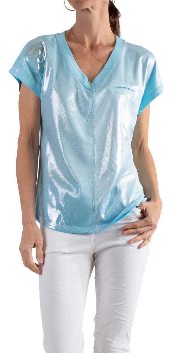 Two Tone V-Neck Shirt with Faux Pocket