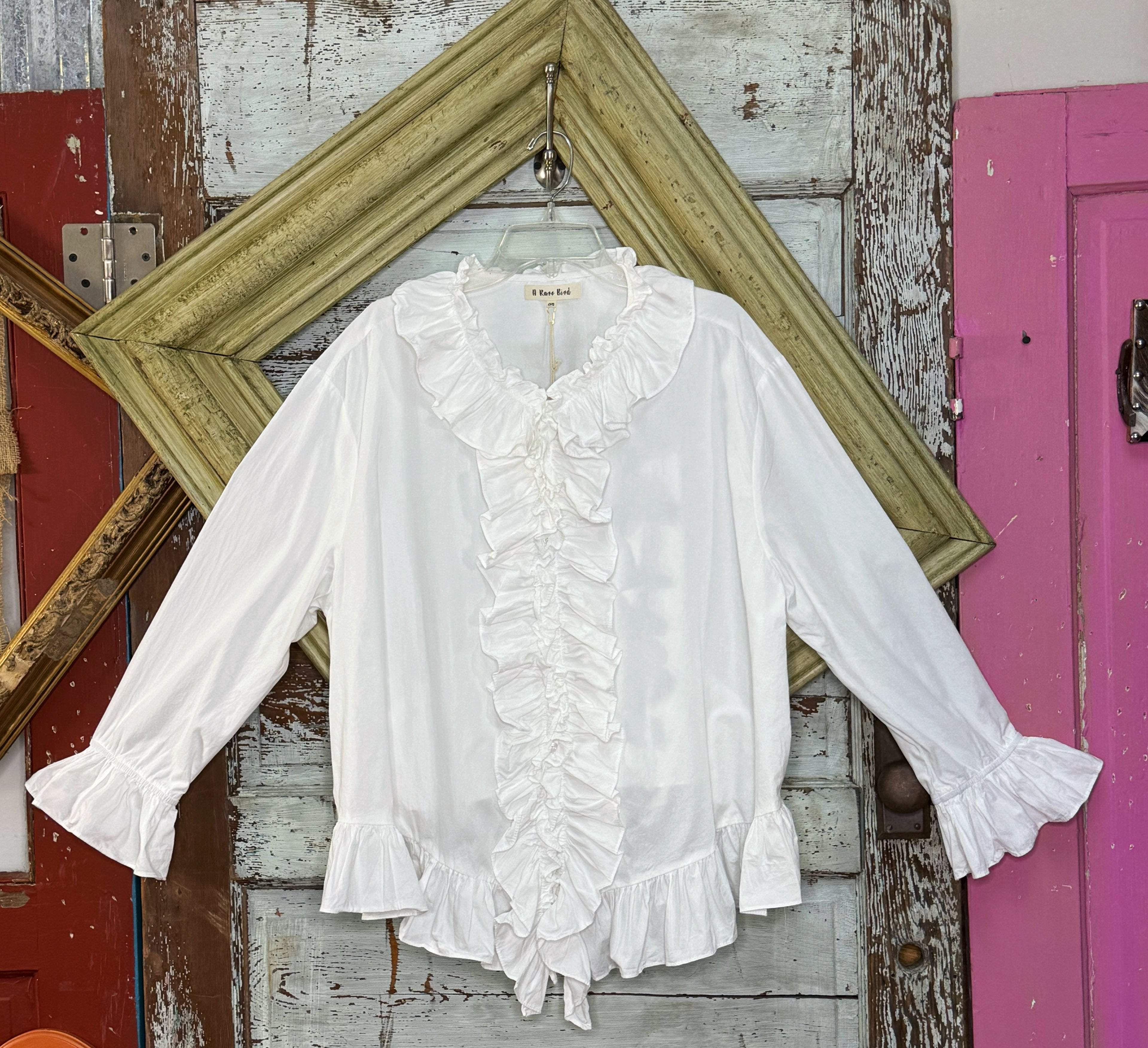 A Rare Bird White Ruffle Shirt