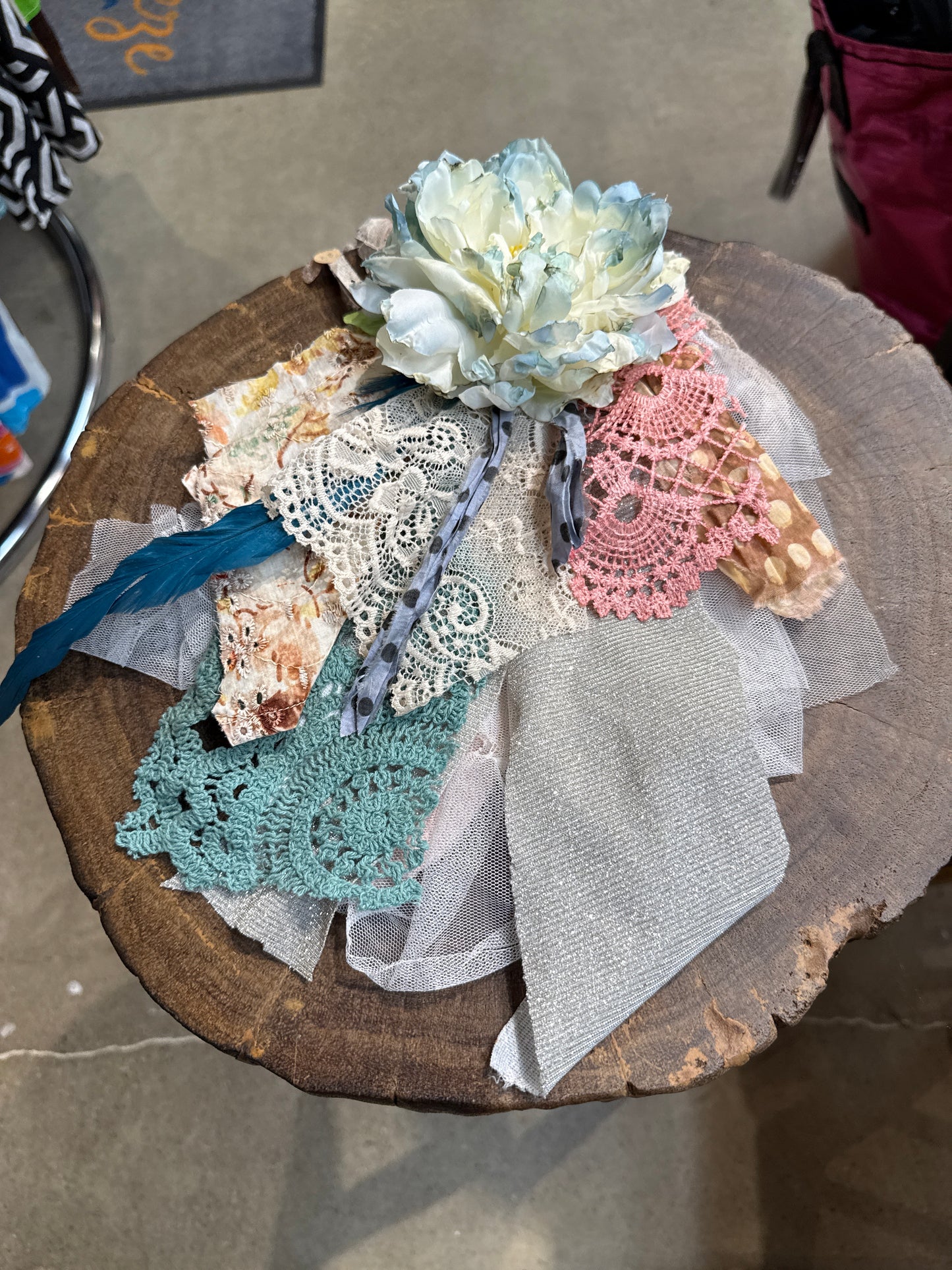 A Rare Bird Braded Lace neck with feathers and lace