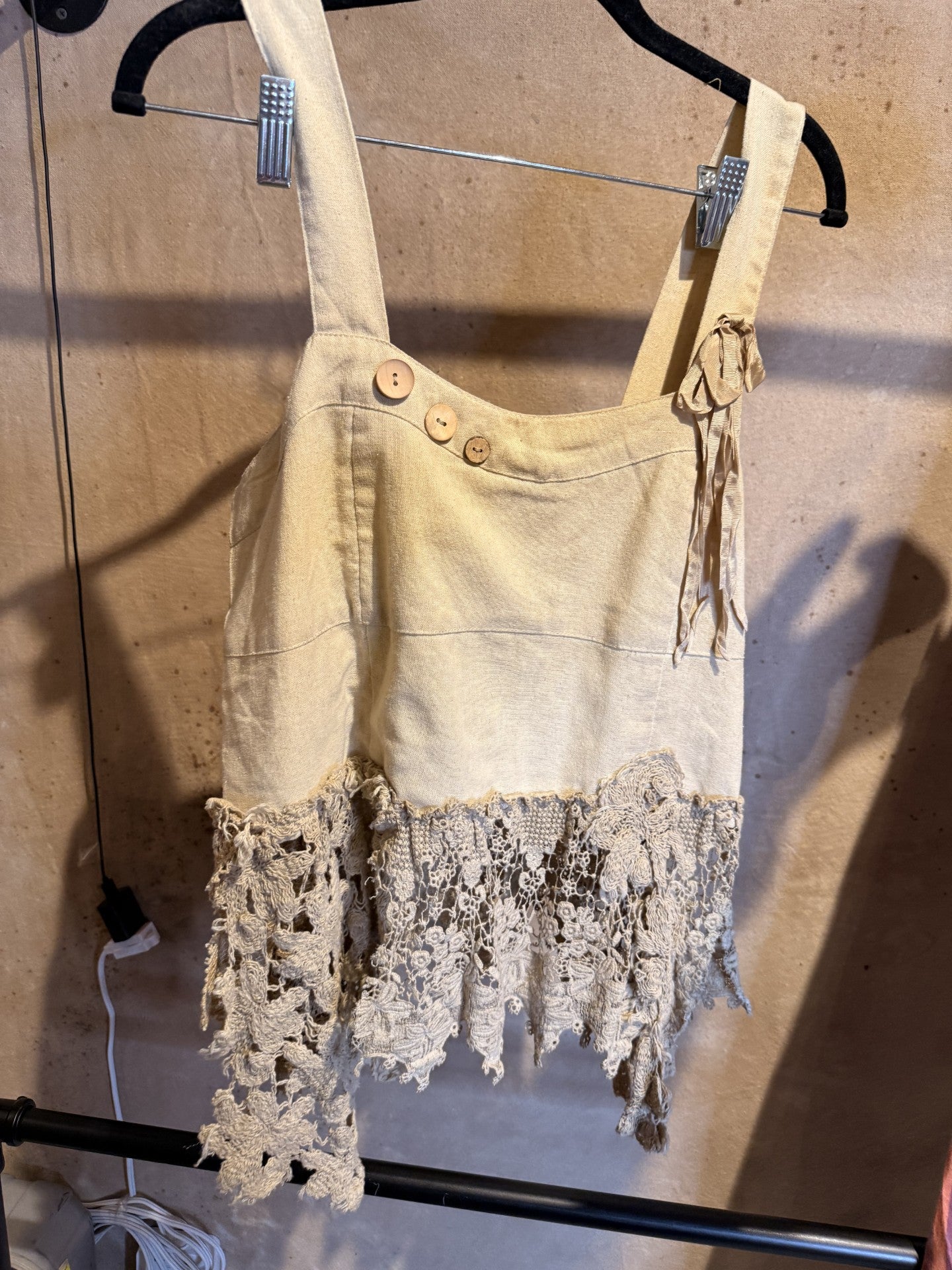 Jaded Gypsy Heirloom Heart Tank - cream linen tank with crochet lace hem and wooden button detail