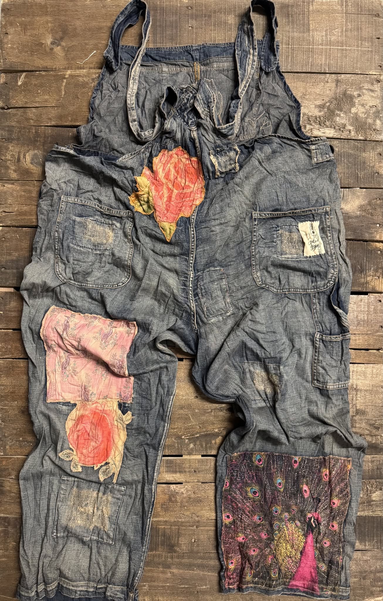 Sun Faded Trail Overalls Love - back with rose and peacock patches
