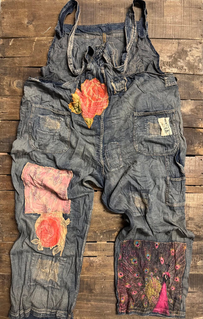 Sun Faded Trail Overalls Love - back with rose and peacock patches