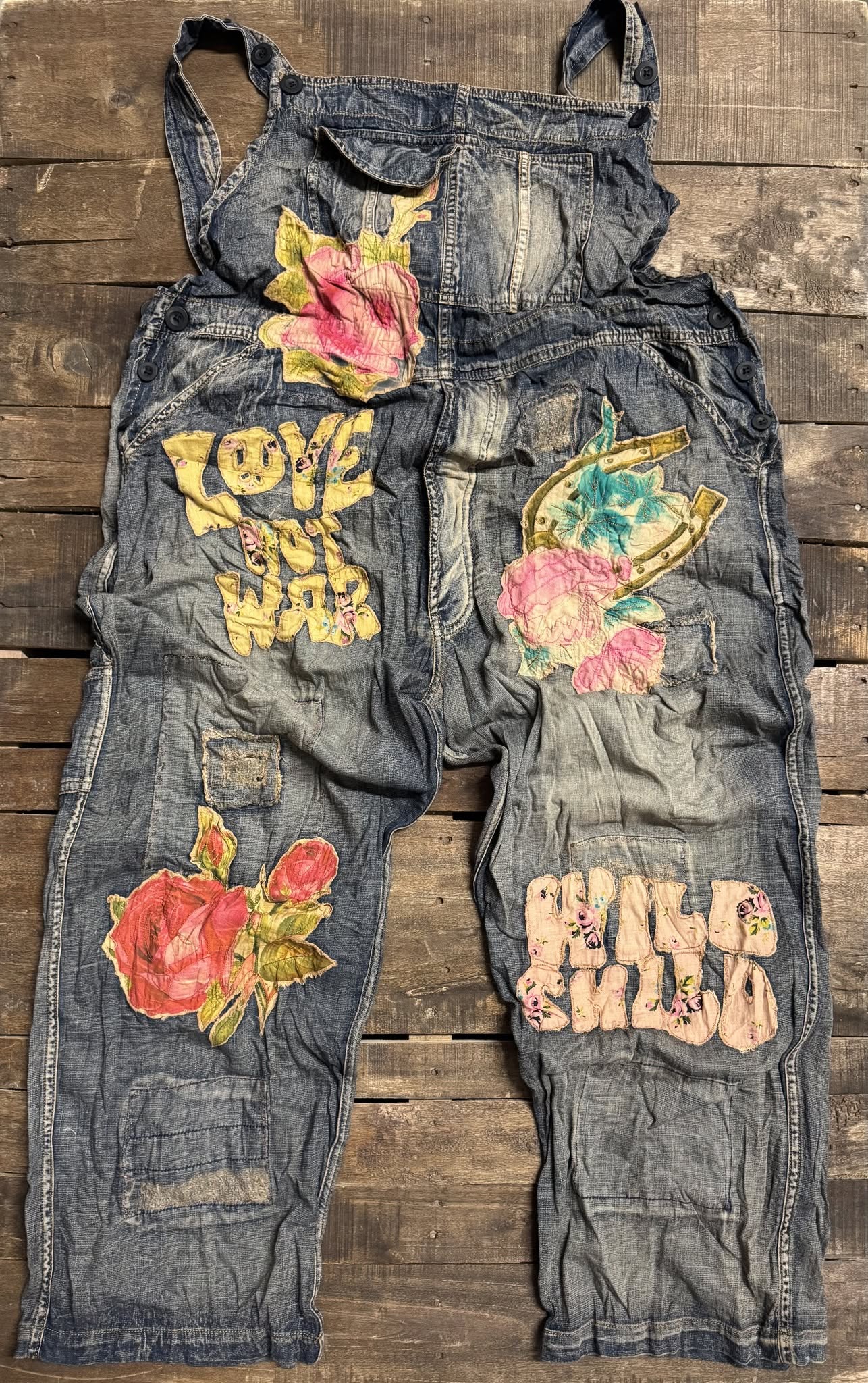 Sun Faded Trail Overalls Love - front with Love Not War and Wild Child patches