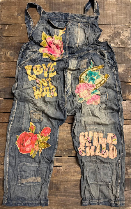 Sun Faded Trail Overalls Love - front with Love Not War and Wild Child patches