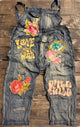 Sun Faded Trail Overalls Love - front with Love Not War and Wild Child patches