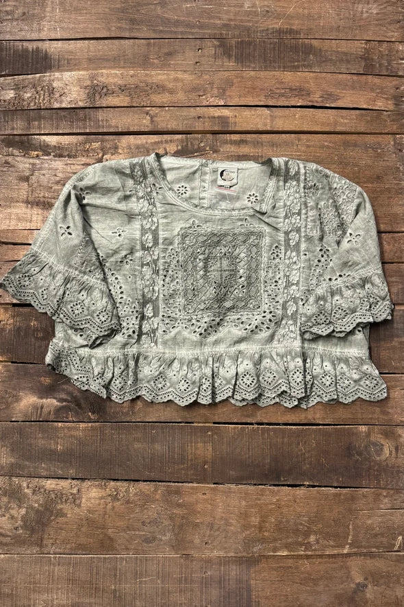Jaded Gypsy Softly Worn Eyelet Top-Charcoal