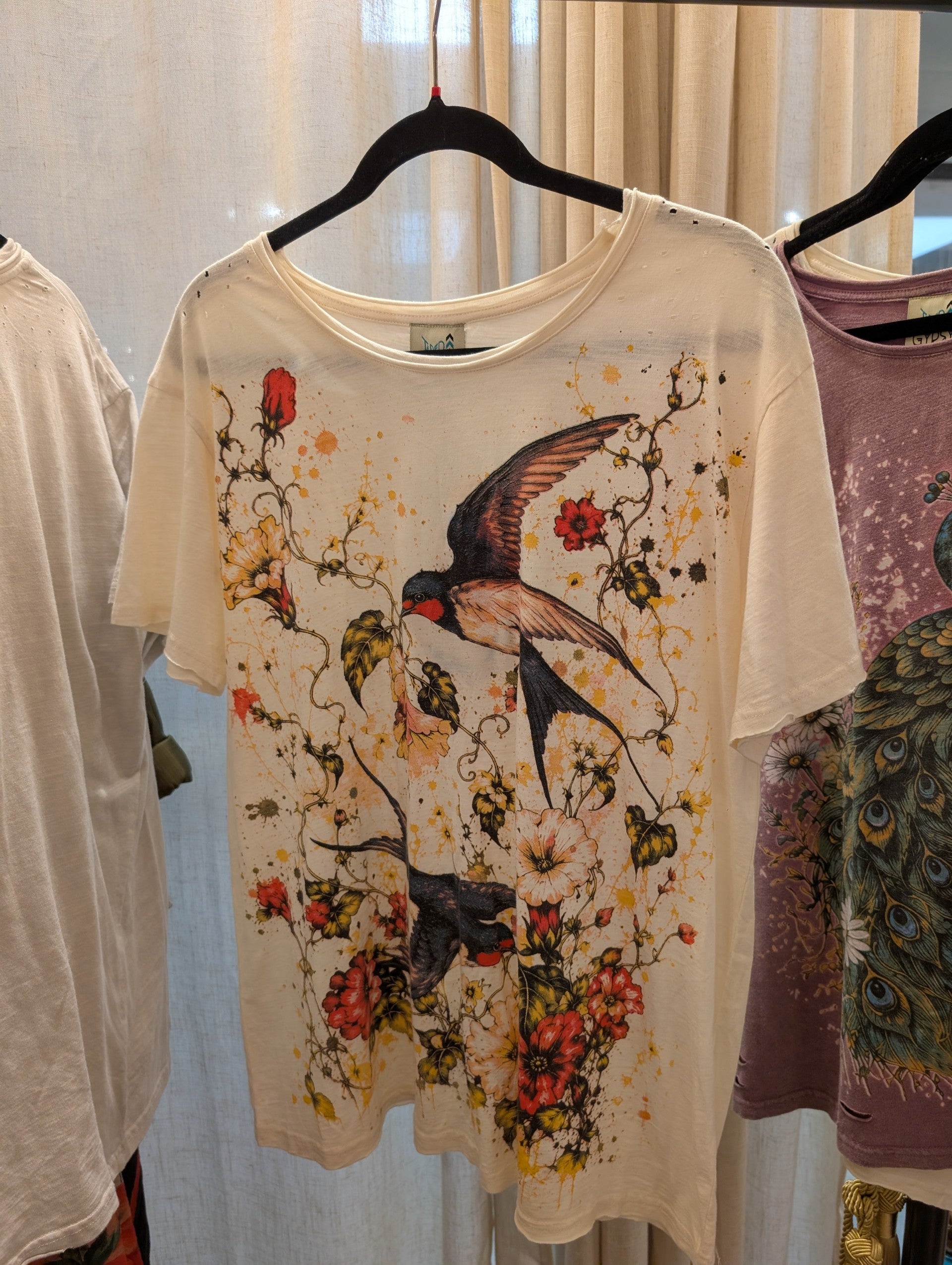 Jaded Gypsy Moon Dance Tee - Garden Flight, cream tee with swallow and wildflower print