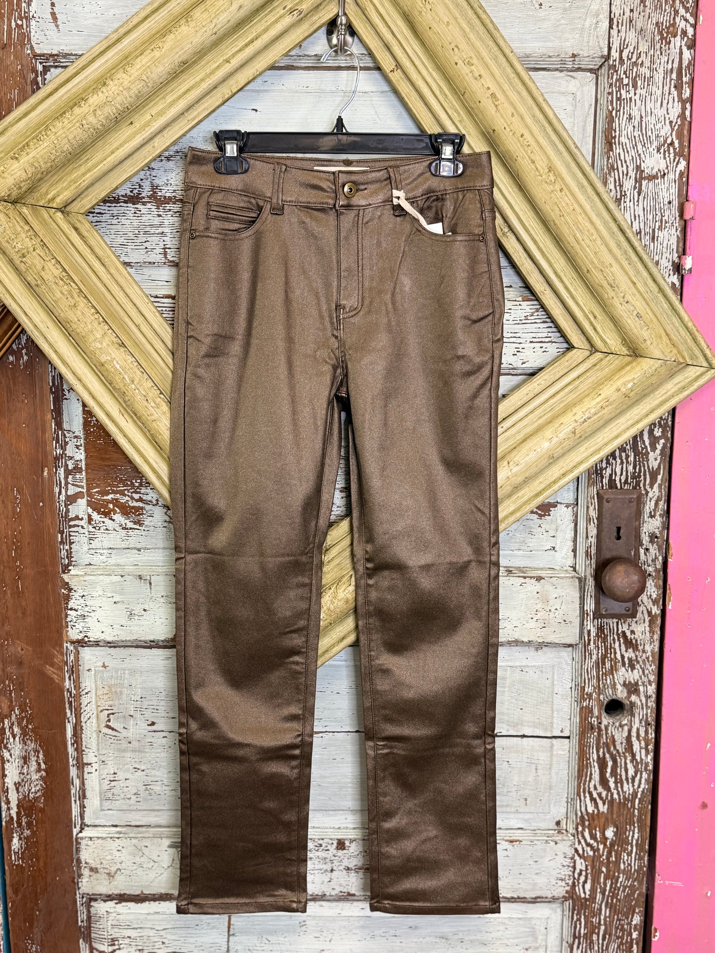 Charlie B Slim Leg Metallic Wax Twill Pants
