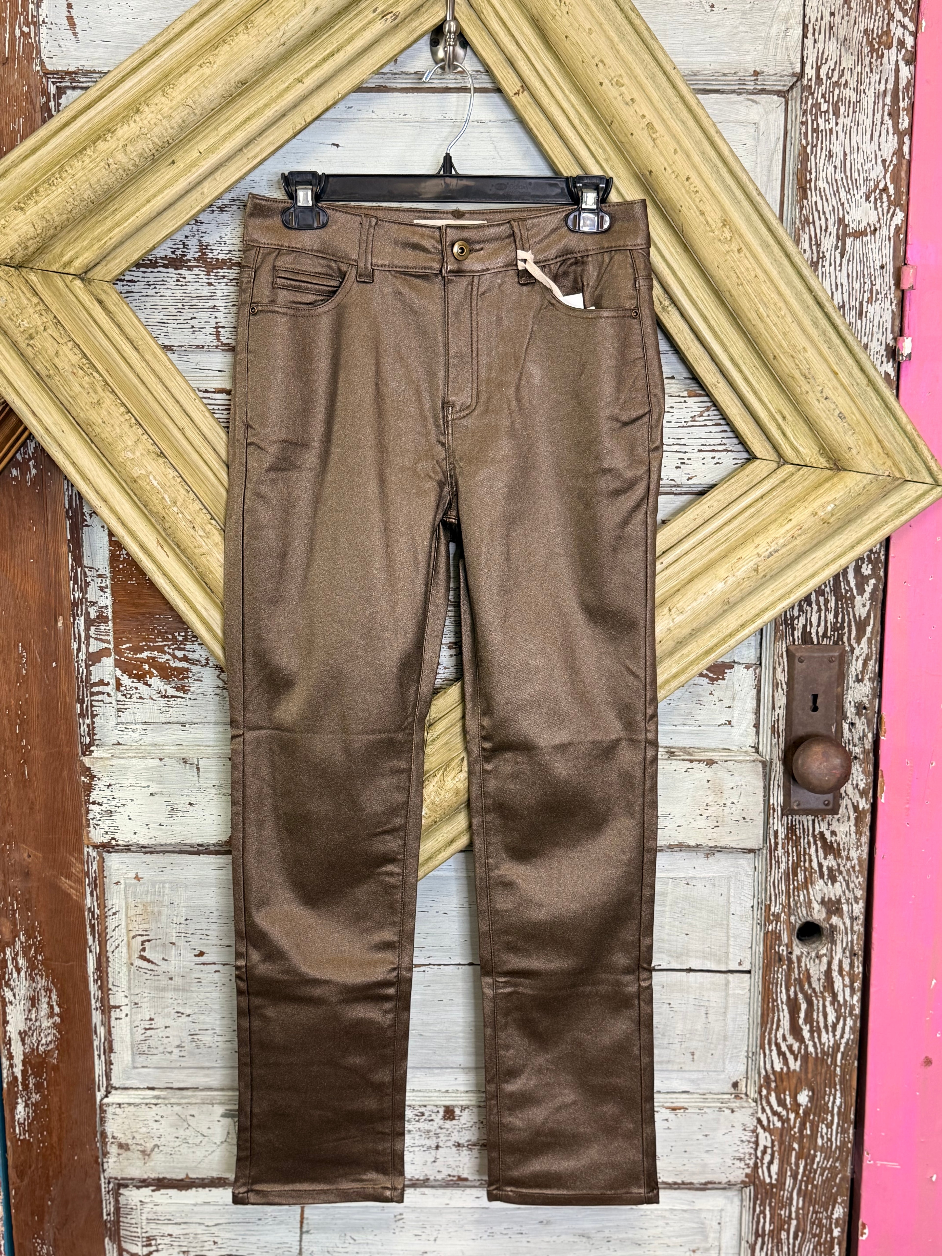 Charlie B Slim Leg Metallic Wax Twill Pants